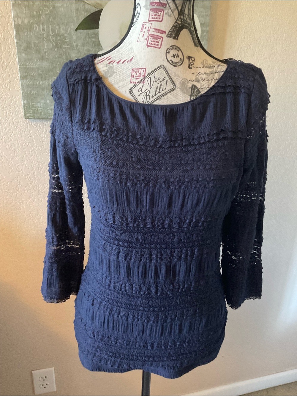 White House Black Market Navy Textured Lace-Panel Long Sleeve Top